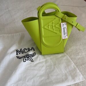 MCM Mini Mode Travia Leather Tote Neon Lime